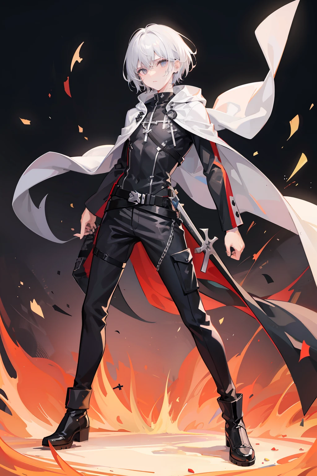 Full body like，White-colored skin，White-colored skin，combat scene，whaite hair，Black pupils，Pure black eyes，Silver-toned stud earrings，shoun，crosses，bandagens，There are bandages on the hands，short detailed hair，Handsome，Libido boy，Highest image quality，the night，the night，warn，male people，hooding，cargo pants，Martin boots，Black pick dye，Long sword，crosses，crosses，nighttime scene，Black cargo pants，Black pantsuit，Streamers，wind coat