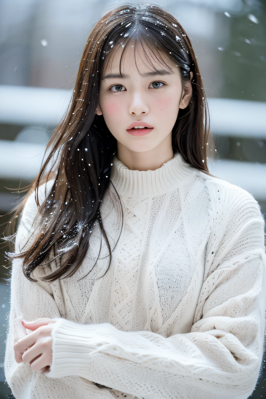 (8k, best quality, masterpiece, ultra highres:1.2) Photo of Pretty Japanese woman
in the (style of paul rubens and rebecca guay:1.1) (melancholy winter snow:1.4)