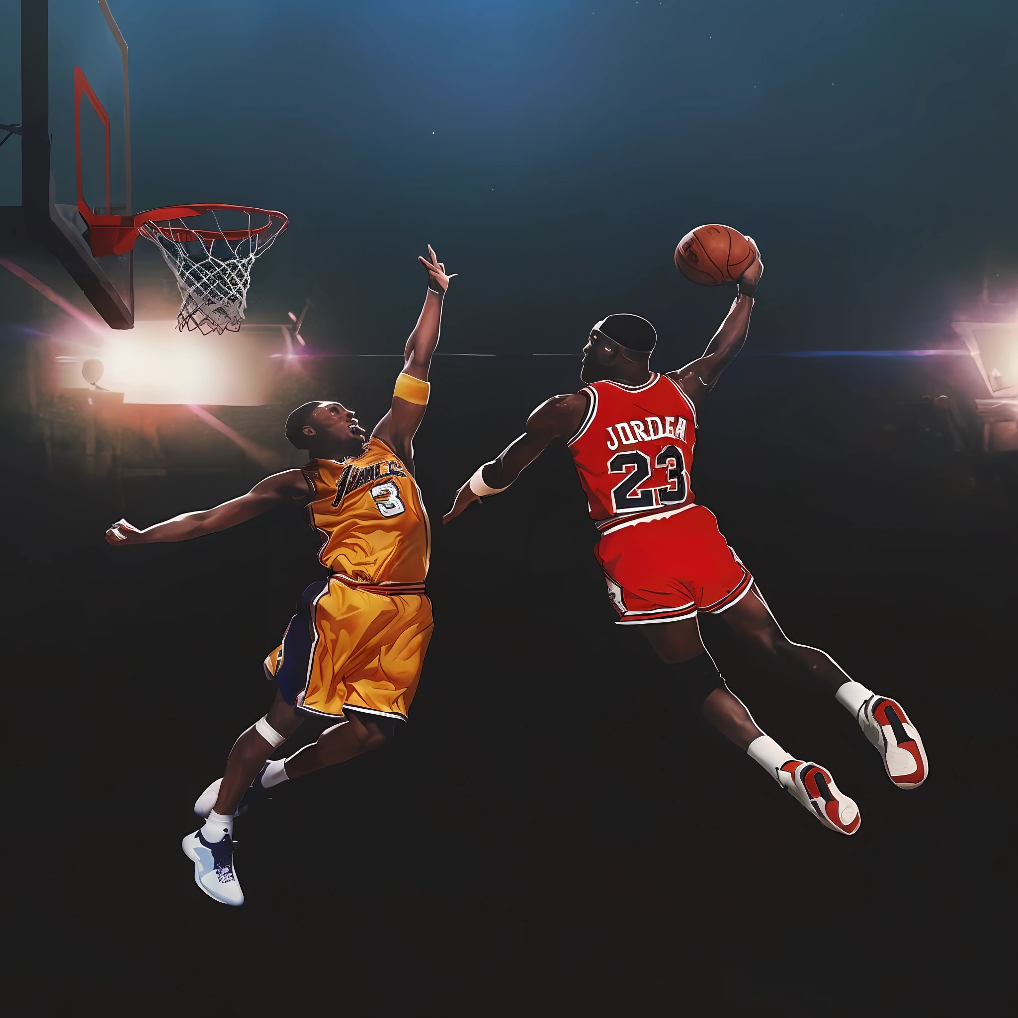 There are two basketball players who are jumping on a ball, Michael Jordan, Dunking, posterizado, inspirado em Jordan Grimmer, As finais da NBA, scence de slam dunk, greatest art ever made, o melhor de sempre, salto horizontal!!!, , iconic shot, FOTOGRAFIA ULTRA REALISTA, FOTOGRAFIA 8K.
