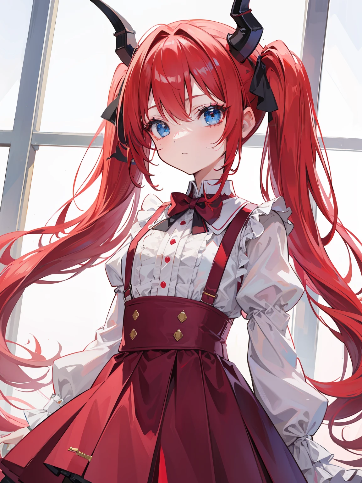 {{best quality}}, {{masterpiece}}, {{ultra-detailed}}, {illustration}, {detailed light}, red hair,blue eyes,twintails,lolita,Suspenders skirt,Fantastic,loli,solo,Dragon horns,little girl,long hair