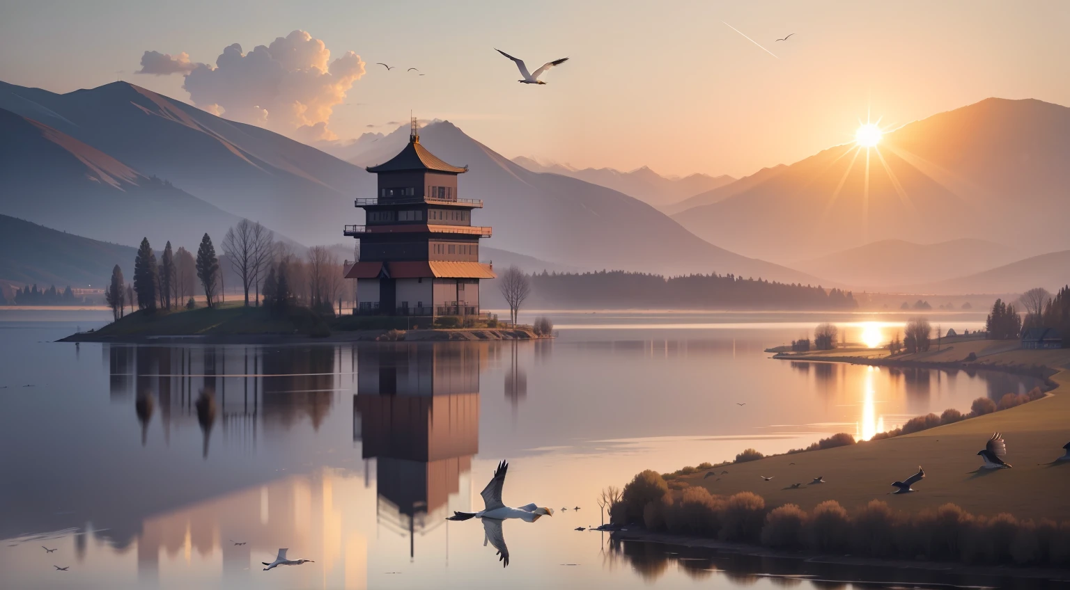 lake,There are no animals,Flying geese spreading their wings in the air are in the distance, Tail and feathers,Yellow crane tower,the setting sun