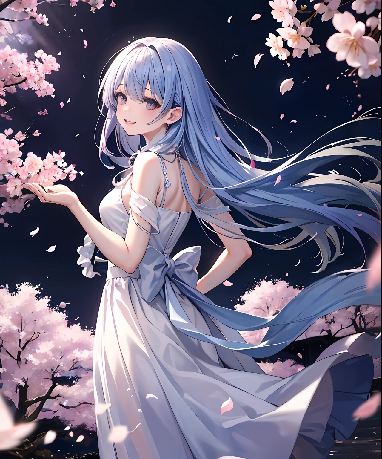 (​masterpiece、top-quality)、frontage、独奏、1girl in、is standing、Hands folded behind your back、amidst nature、A smile、The long-haired、Light purple hair、Hair flutters in the wind、with light glowing、Windy、Adult、Cherry blossoms flutter