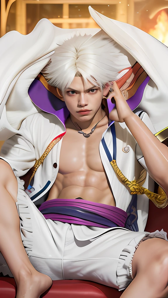 Best quality, ultra high resolution, ultra-detailed,realistic,18 years old,boy,8k,Luffy,one piece,White flame hair,Luffy gear 5,