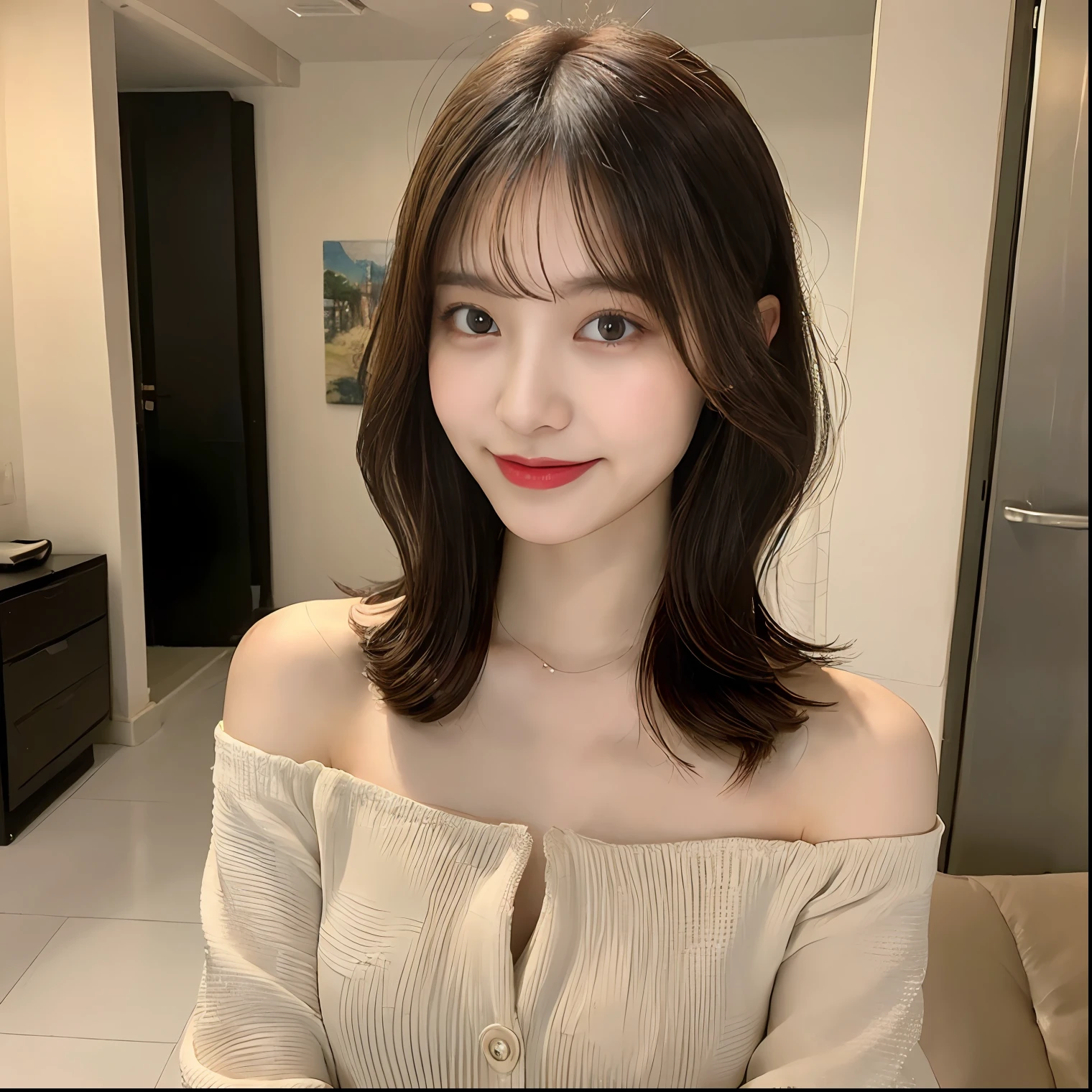 ((Best Quality, 8K, Masterpiece: 1.3)), 1girl, Slim Abs Beauty: 1.3, (Hairstyle Casual, Big Breasts: 1.2), Dress: 1.1, Super Fine Face, Delicate Eyes, Double Eyelids, Smile, Home