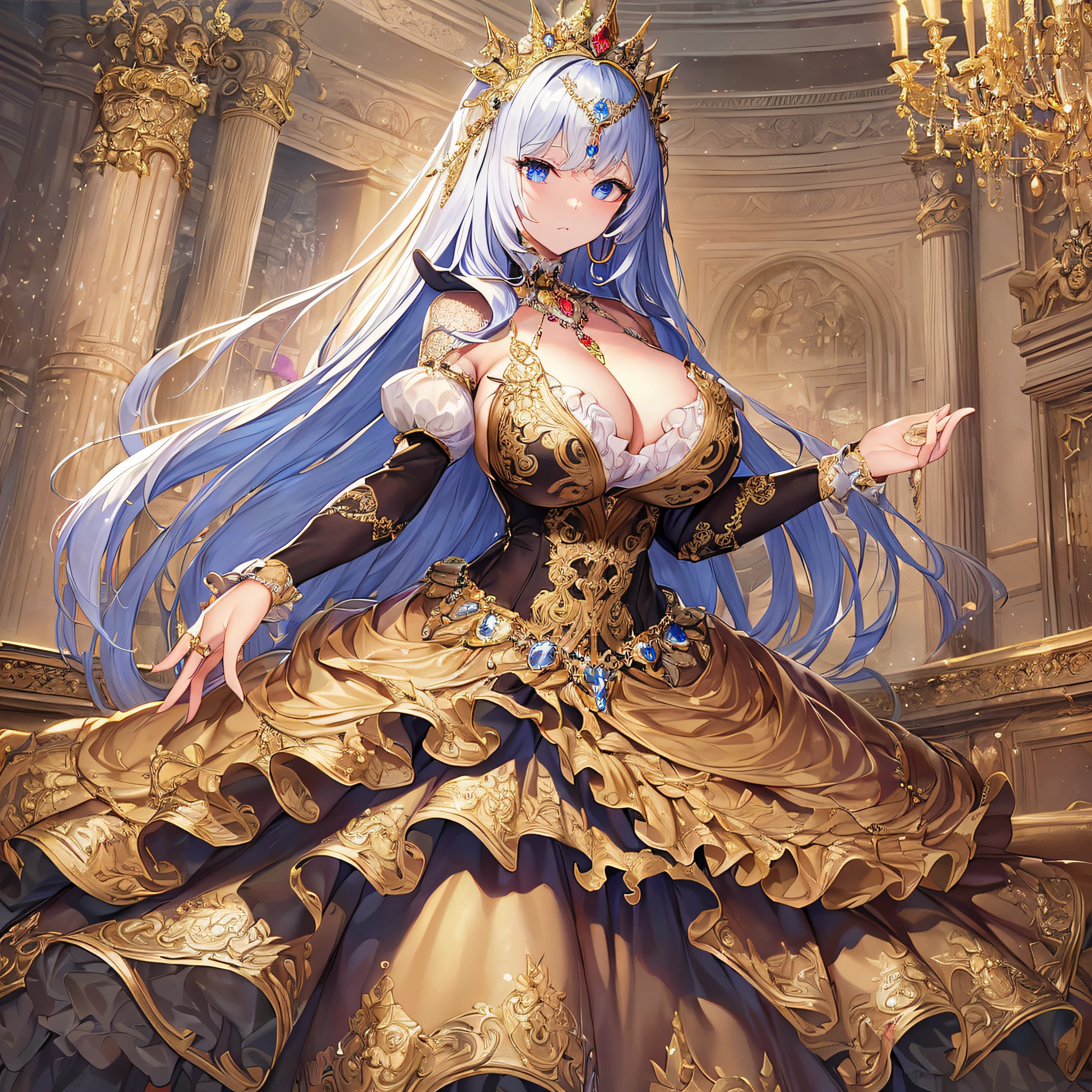 ((anime artstyle)),(Masterpiece),(Best Quality), (Super Detail),((Very Delicate and Beautiful)),(((Solo))),((full body)),(((1 bling-bling princess in beautiful embroidery and jeweled gorgeous rococo ball gown dress with voluminous full length hoop skirt))),((bling-bling)),Long train,(bling-bling gorgeous gemstone jewelry),detailed face and eyes,jewel-like eyes,((extremely voluminous Very Long Hair,Straight Hair)),((gigantic tits,Long tits)),cleavage,(gorgeousfull embroidery and lace),gorgeous corsage,See-through,extremely gorgeousfull hair ornament,bling-bling extremely gorgeousfull jeweled tiara,ornate ruffles,(hoop skirt,crinoline),((Dynamic Angle)),Looking at viewer,((full body)),((beautiful embroidery and jeweled extremely gorgeous rococo ball gown dress with voluminous full length hoop skirt))