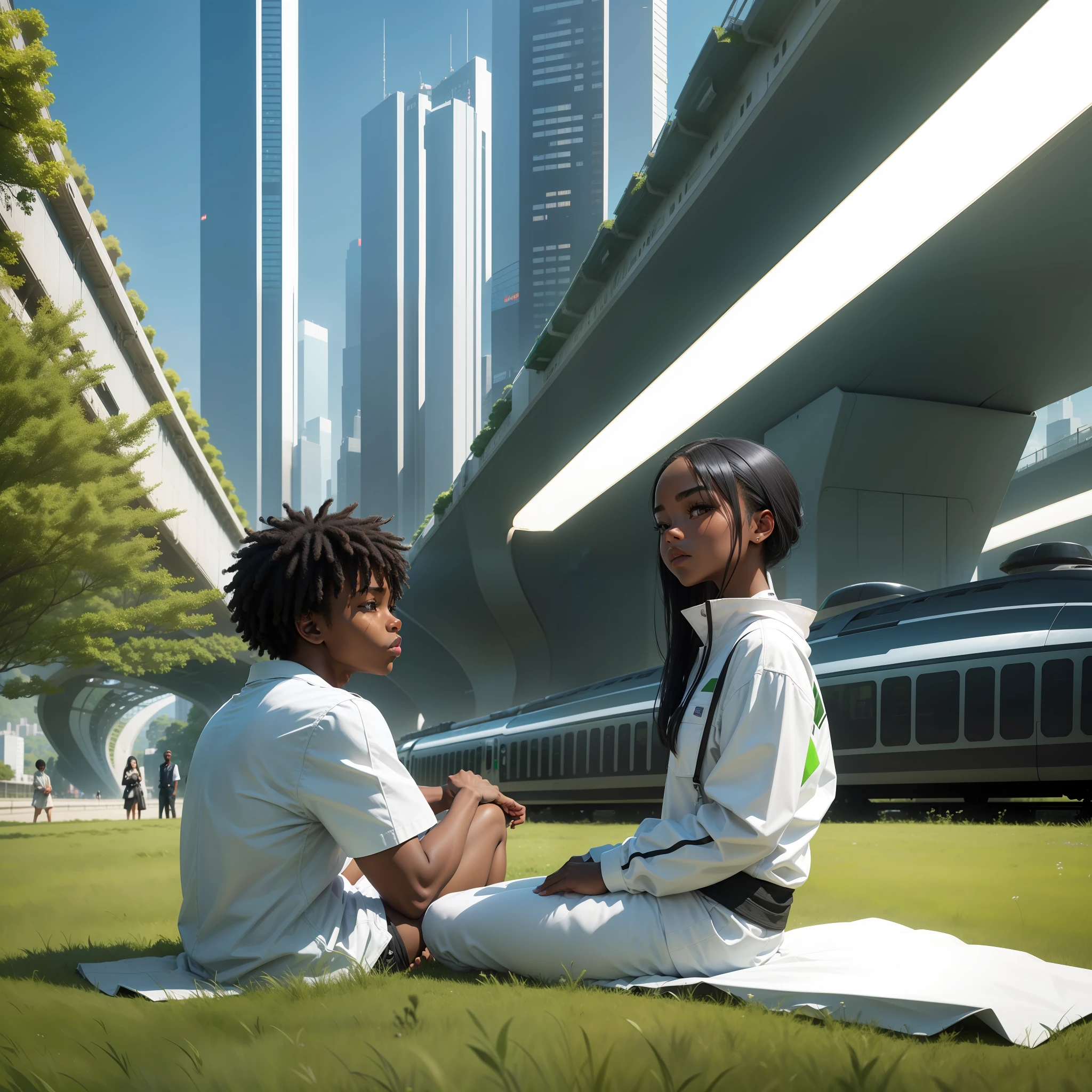 Black  Boy, Japanese white-skinned girl, green grass, city   of the future, Viaducts, White Trains, sitting on the grass, Futuristic trains, Skyscrapers, Flying cars, hi-tech