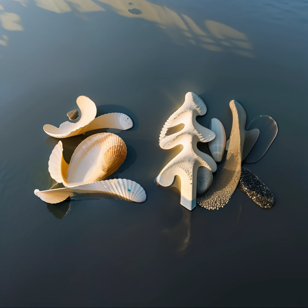 Pebbles, small stones, sand, small seashells on a bench, stones on a bench, beautiful detailed water, aerial view, high quality, high resolution, masterpiece,