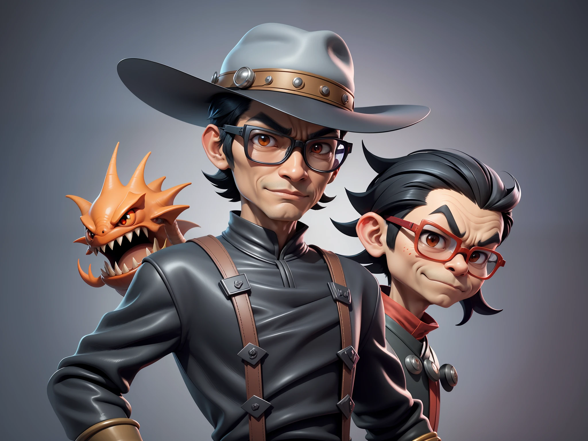 Young man with oriental face in leather hat, dragon, formal suit, short black hair, silver glasses, digital painting, 3D character design by Mark Clairedon and Pixar and Hayao Miyazaki and Akira Toriyama, the illustration is a high-definition illustration in 4K resolution with very detailed facial features and cartoon-style visuals.