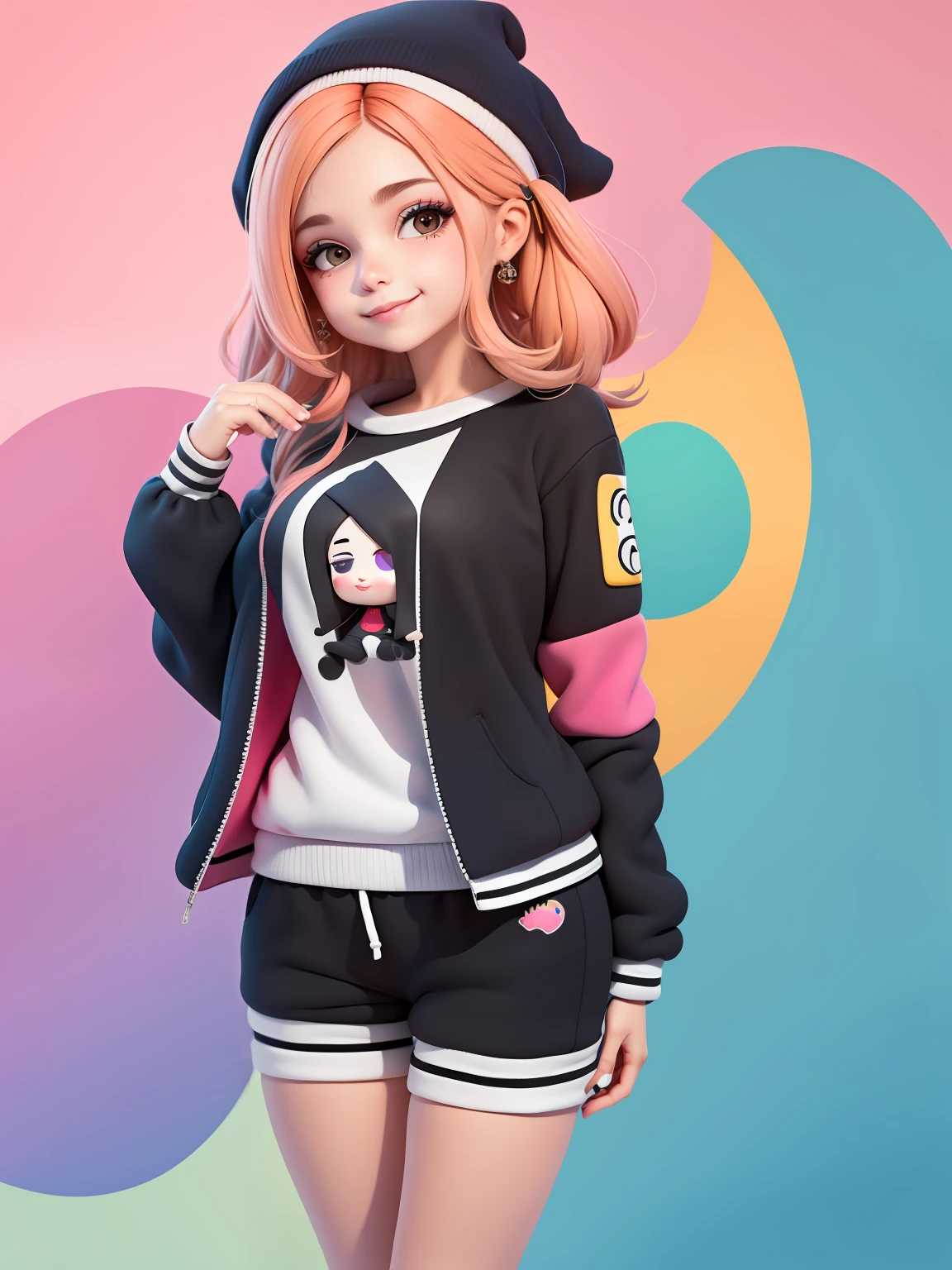 (obra-prima), (melhor qualidade), (ultra-detalhado), (corpo inteiro: 1.2) menina bonita e fofa, capuz, moletom preto, Knitted jumpsuits, Pants, jaqueta, blusa, sorriso claro, corpo inteiro, :3, fundo tom pastel , colorido e simples.