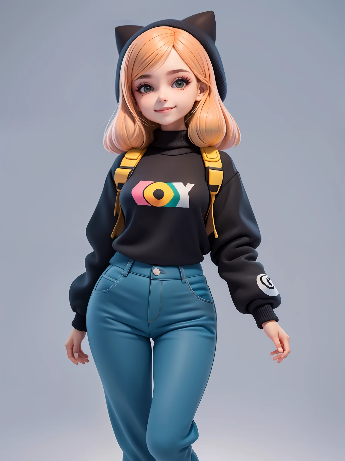 (obra-prima), (melhor qualidade), (ultra-detalhado), (corpo inteiro: 1.2) menina bonita e fofa, capuz, moletom preto, Knitted jumpsuits, Pants, jaqueta, blusa, sorriso claro, corpo inteiro, :3, fundo tom pastel , colorido e simples.