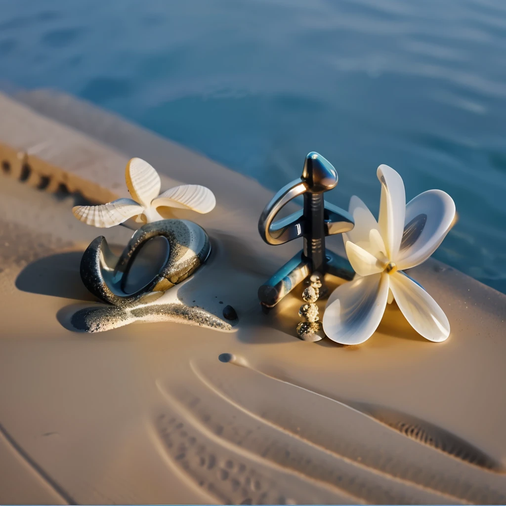 Pebbles, small stones, sand, small seashells on a bench, stones on a bench, beautiful detailed water, aerial view, high quality, high resolution, masterpiece,