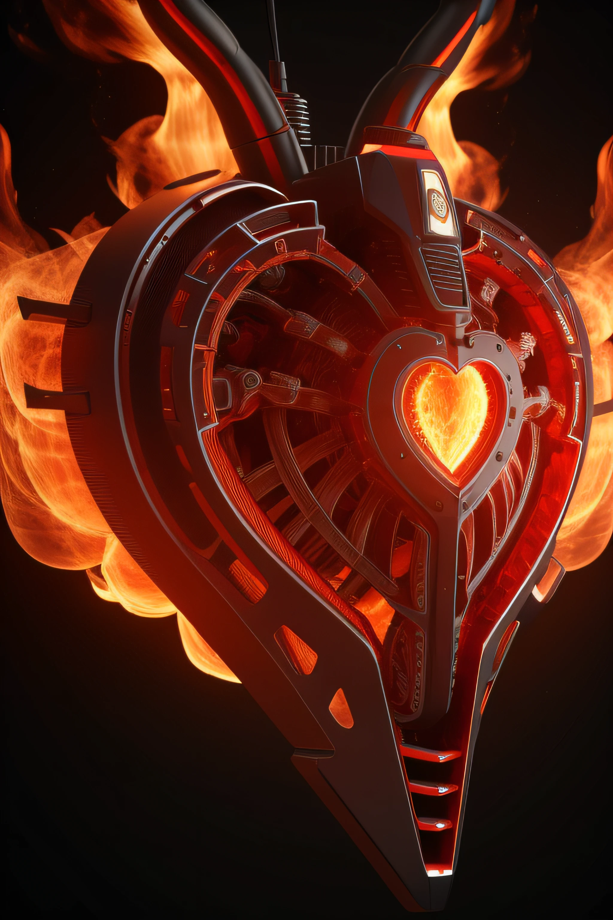 an ultra detailed biomechanical heart in flames like a car's motor, 8k, high definition, vray render