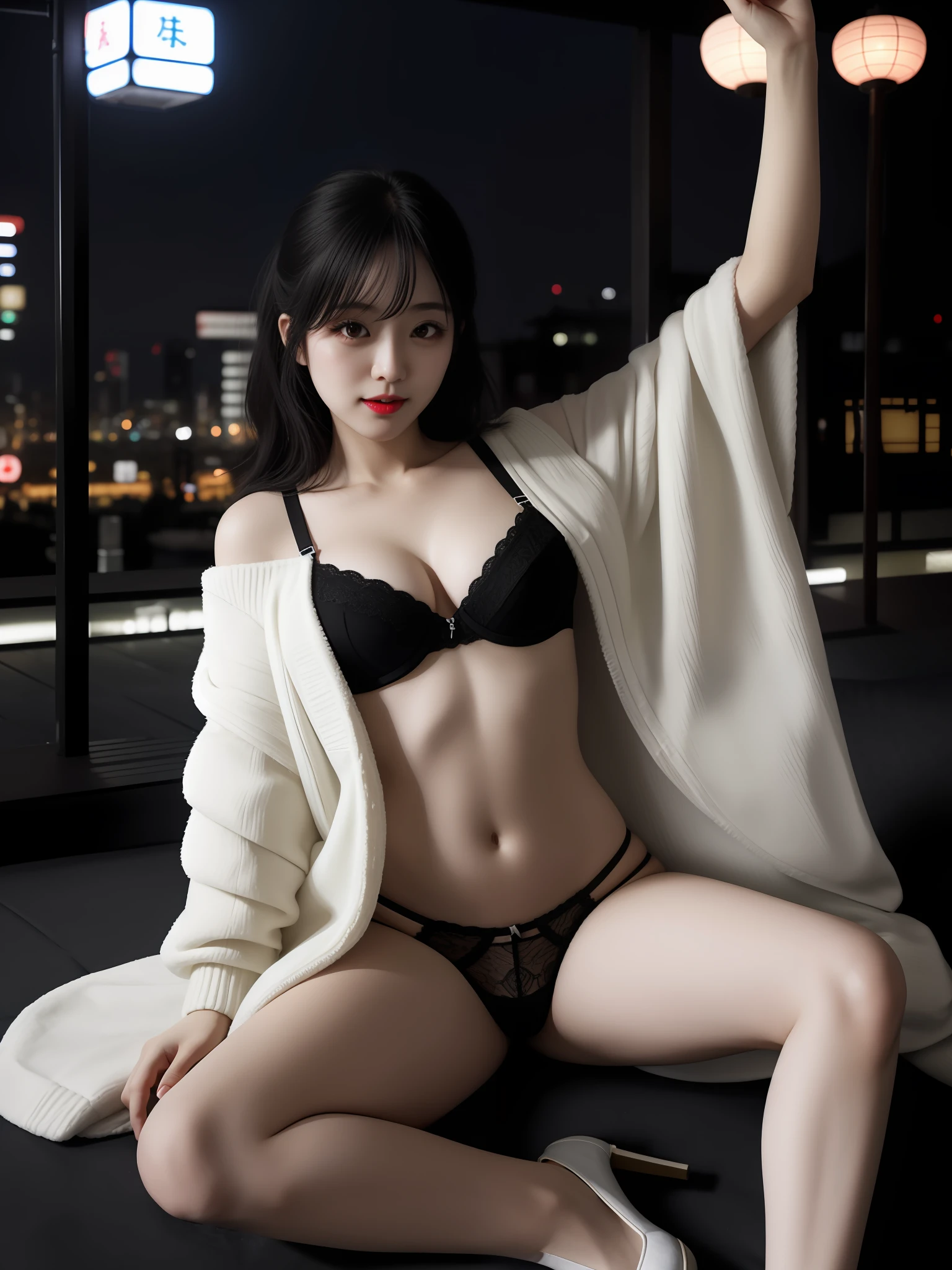 1 girl, Japan, 32 years old, female, Tokyo cityscape, night, professional lighting, photon mapping, radiosity, ripped, big, pure white and very small knitted with protruding tips, areola protruding, pubic shape clearly visible, gal, lots of lashes , Lame on the eyelids, pitch black lip, pitch black heels, pubic hair, lower abdomen bristles, slender, crotch open, are large and likely to spill out of the bra, pubic hair is very large, pubic hair is very protruding