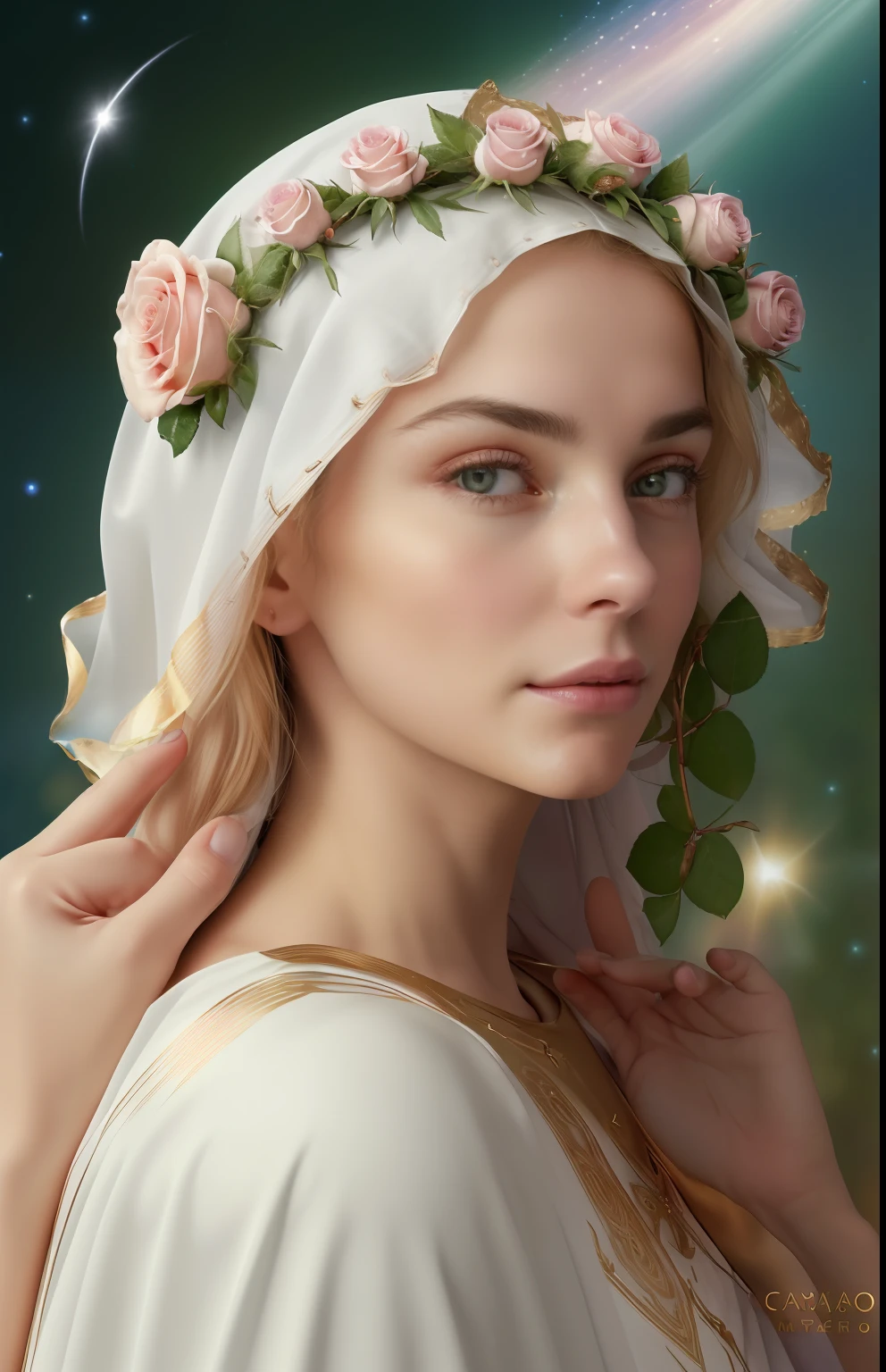 (((Holy VIRGIN MARY MYSTICAL ROSE. 19 years old))) ((( Con una cara seria y piadosa. Con una mirada dulce y tierna))) (obra maestra, calidad superior, mejor calidad, arte oficial, beautiful and aesthetic: 1.2), (1girl), extremadamente detallado, (Arte fractal: 1.3), colorido, highest detailed, Cara perfecta, parte superior del cuerpo, HDR, (orando: 1.3), (golden lines of white coat: 1.2), galaxia, (rayas de luz), eye-catching visuals, (dynamic stripes, senderos luminosos: 1.2), colores vibrantes,