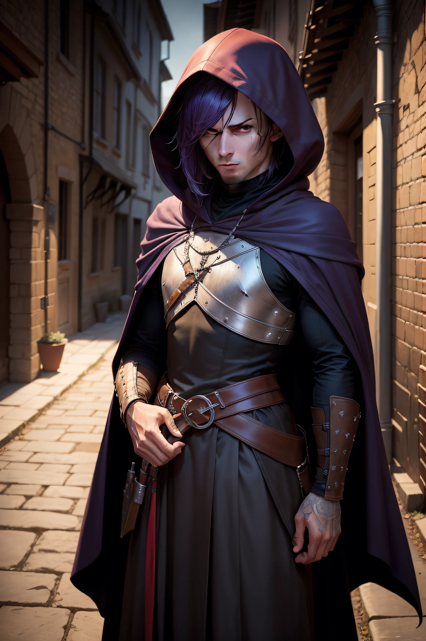 (((masterpiece, best quality, ultra detailed))), (male horrific looking assassin, just attack you, perfect fingers, perfect hands), 25 years old, medieval night town as background, back alley, looking down at viewer, midnight scene, silhouette lighting, unapproachable vibe, expressionless, purple hair, very short hair, male face, male eyebrows, male eyes, sharp nose, facial muscle, adam's apple, small arms muscle, (sharp eyes), red pupils glowing, medieval Assassin costumes, long cloak, hooded,