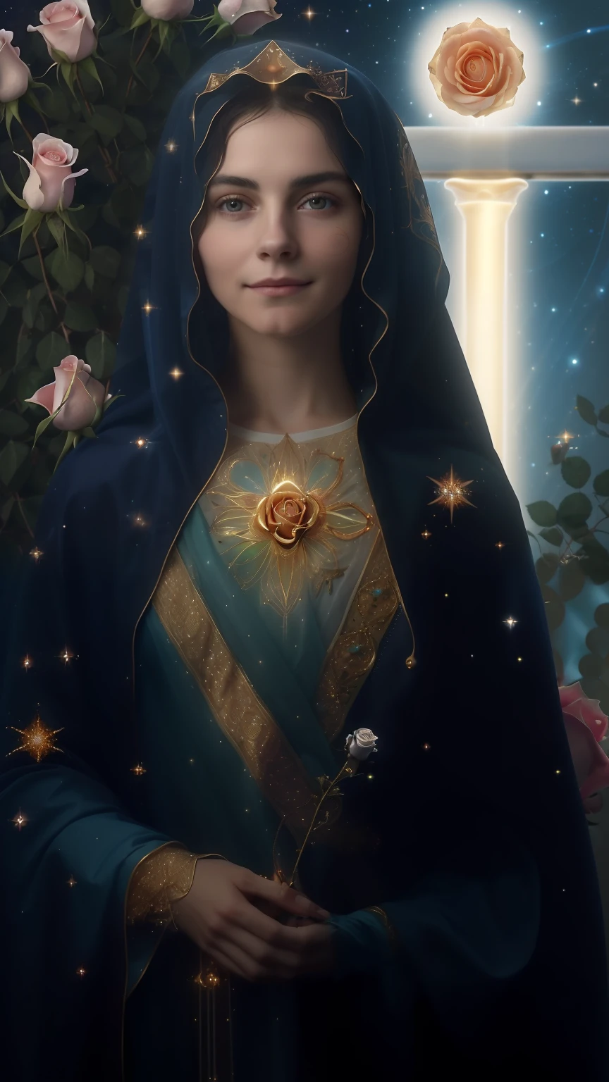 (((Holy VIRGIN MARY MYSTICAL ROSE. 19 years old))) ((( Con una cara seria y piadosa. Con una mirada dulce y tierna))) (obra maestra, calidad superior, mejor calidad, arte oficial, beautiful and aesthetic: 1.2), (1girl), extremadamente detallado, (Arte fractal: 1.3), colorido, highest detailed, Cara perfecta, parte superior del cuerpo, HDR, (orando: 1.3), (golden lines of white coat: 1.2), galaxia, (rayas de luz), eye-catching visuals, (dynamic stripes, senderos luminosos: 1.2), colores vibrantes,