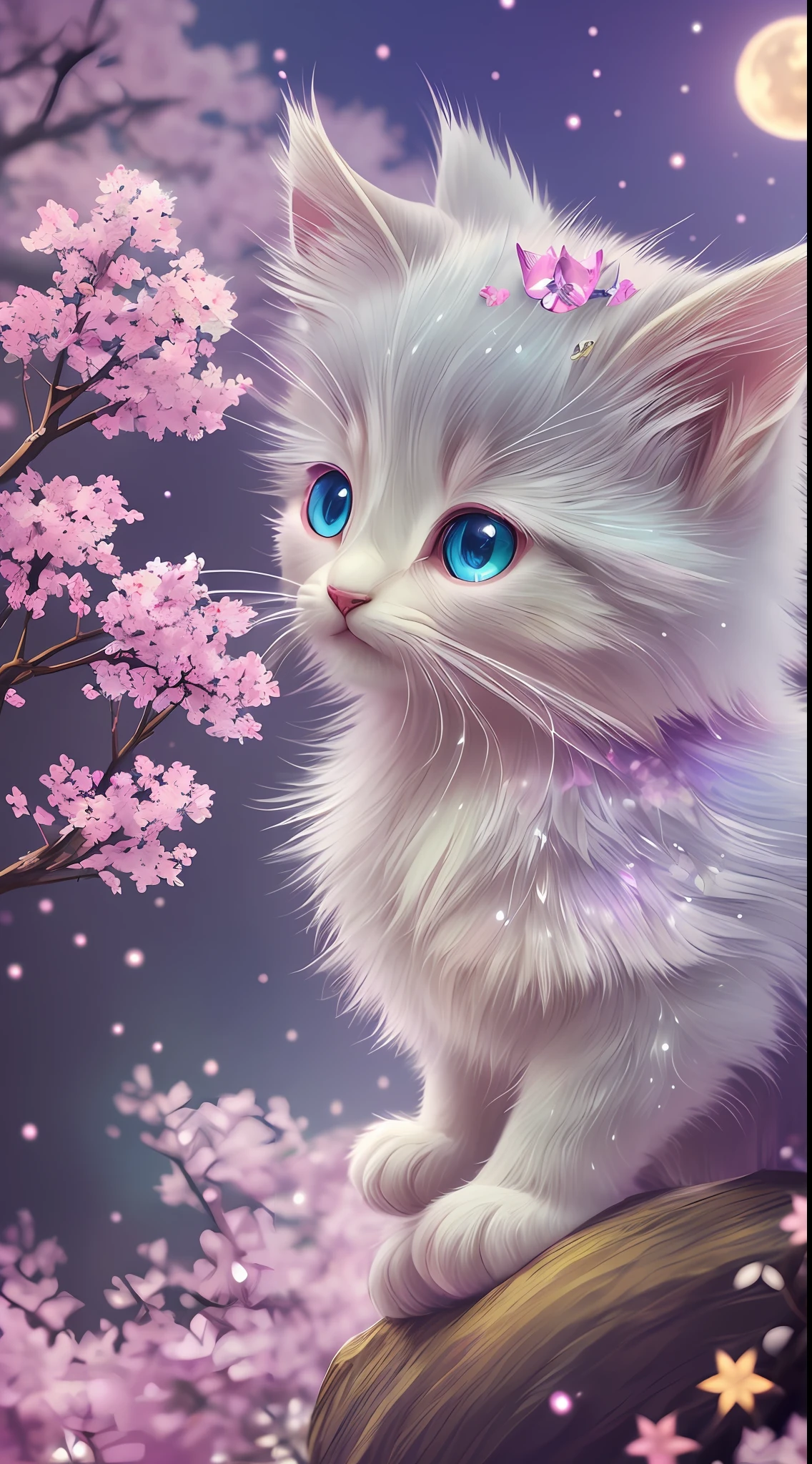 There is a white cat with blue eyes sitting on a tree branch - SeaArt AI