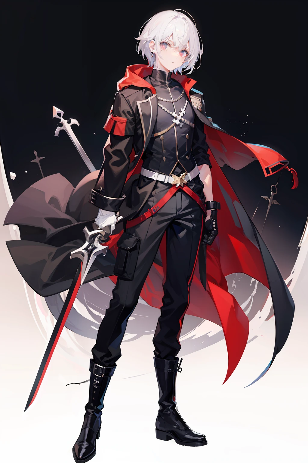 Full body like,White-colored skin,White-colored skin,combat scene,whaite hair,Black pupils,Pure black eyes,Silver-toned stud earrings,shoun,crosses,bandagens,There are bandages on the hands,short detailed hair,Handsome,Libido boy,Highest image quality,the night,the night,warn,male people,hooding,cargo pants,Martin boots,Black pick dye,Long sword,crosses,crosses,nighttime scene,Black cargo pants,Black pantsuit,Streamers,wind coat