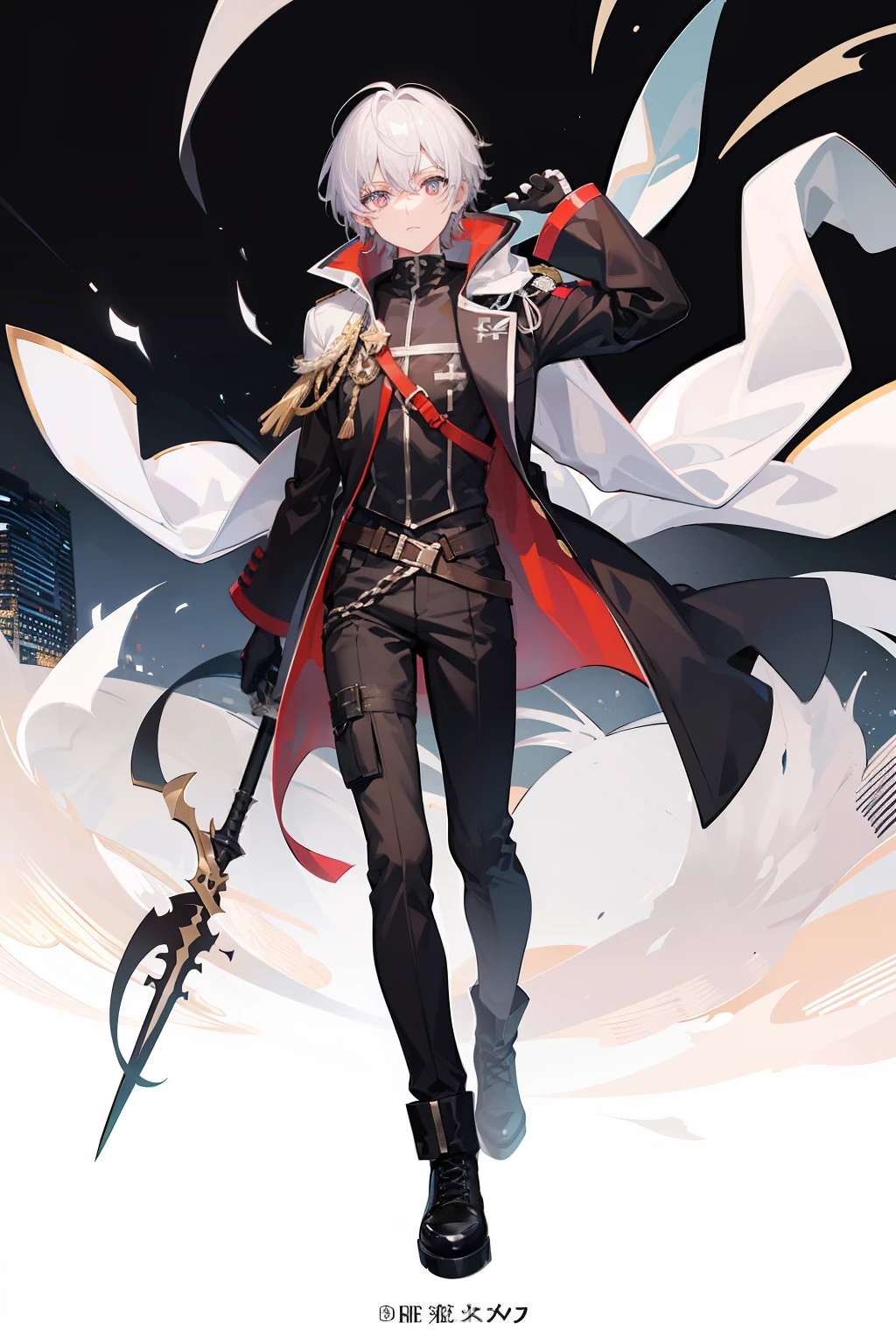 Full body like,White-colored skin,White-colored skin,combat scene,whaite hair,Black pupils,Pure black eyes,Silver-toned stud earrings,shoun,crosses,bandagens,There are bandages on the hands,short detailed hair,Handsome,Libido boy,Highest image quality,the night,the night,warn,male people,hooding,cargo pants,Martin boots,Black pick dye,Long sword,crosses,crosses,nighttime scene,Black cargo pants,Black pantsuit,Streamers,wind coat