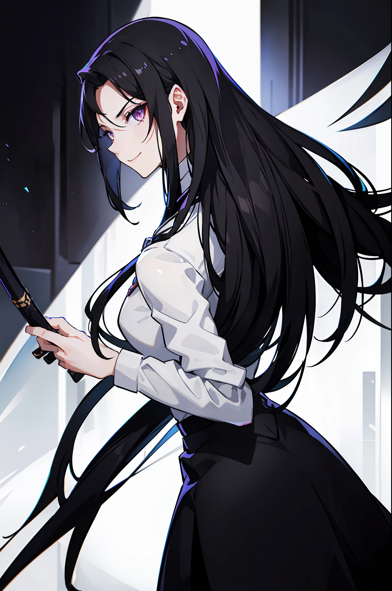 female arbiter vildred, 1 girl, black long hair, sharp eyes, deep starring, white tuxedo, killer smile, full body, holding long black katana, snake shadow from behind, dynamic pose, looking to viewer, 8k, UHD, Masterpiece