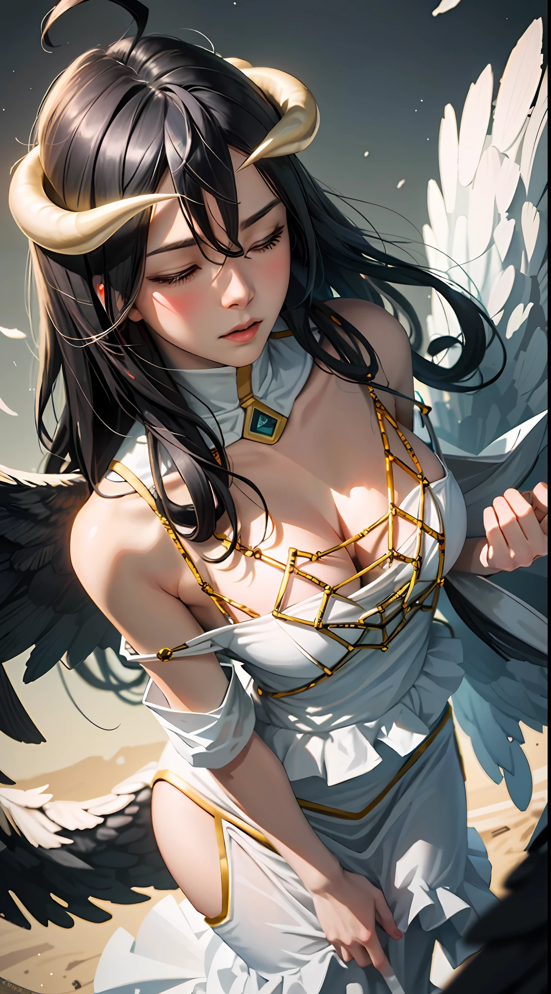 Masterpiece, Best quality, Ultra-detailed, illustration, epic lighting, Cinematic composition, isometry,(hexagons:1.2), 1girll, Horns, Solo, Yellow eyes, Black hair, Long hair, (Low wing:1.2), Pupil of the slit, cleavage, Bare shoulders, hair between eye, Medium breasts, (White dress:1.1), Golden decoration, Detached collar, view the viewer, Semi-closed Eyes, (view the viewer:1.1), parted lip, Blush, Black feathers fall, Arena, particle fx, (8K:1.1)，cleavage