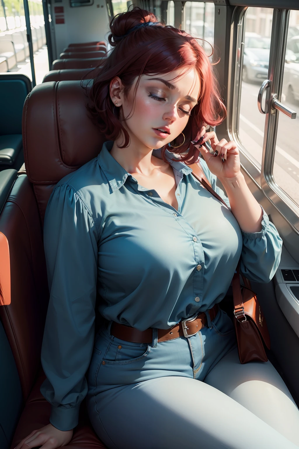 1 beautiful woman, large body, chubby woman, maroon hair, short hair, face made up, hair in bun, hair over face, blue long-sleeved neckline blouse, FINGERS CROSSED, shot from above, top angle perspective, jeans blue, blue handbag, big nails, eyelids made up, eyelids outlined, asleep lying on a bus, head resting on the seat, eyes closed, MOUTH OPEN WIDE.