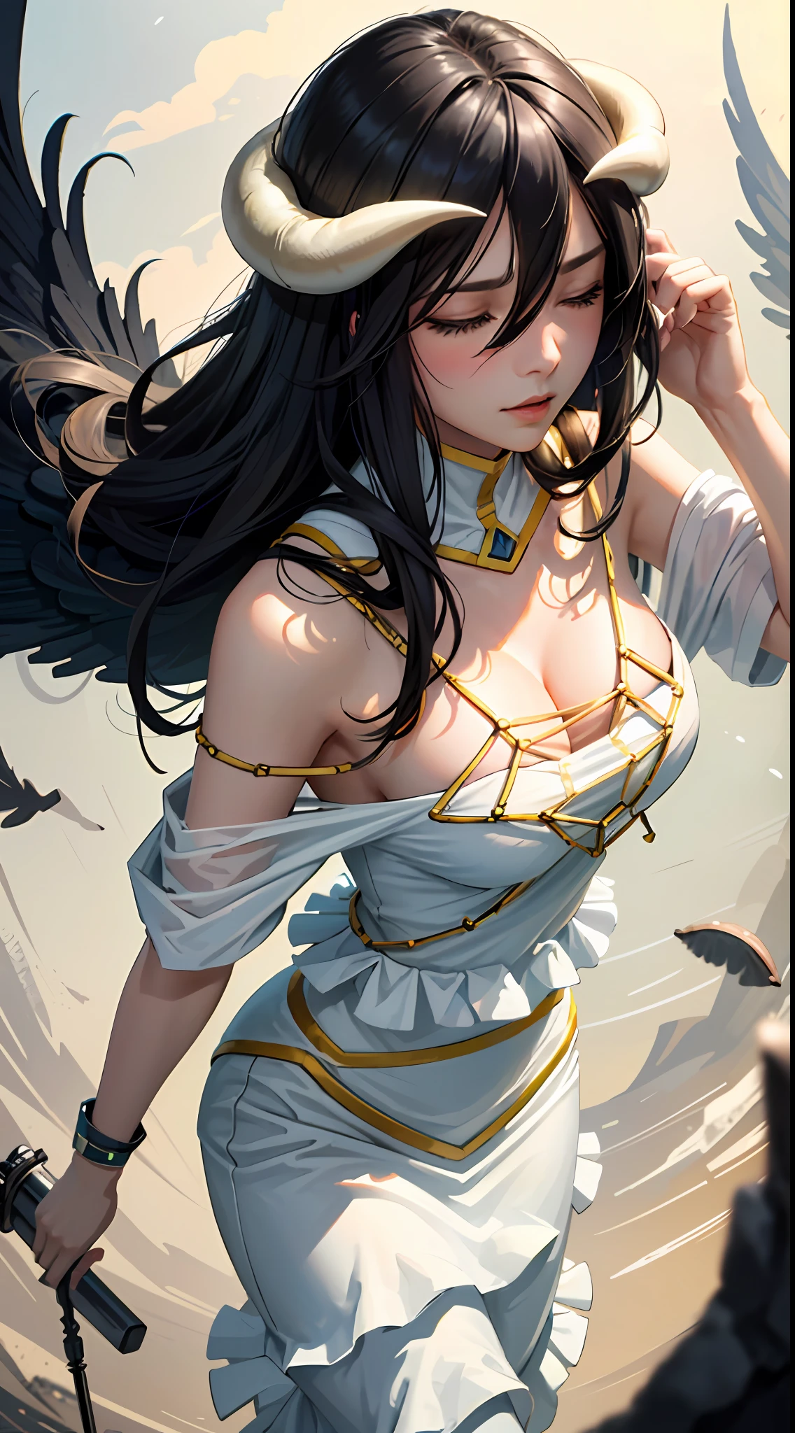 Masterpiece, Best quality, Ultra-detailed, illustration, epic lighting, Cinematic composition, isometry,(hexagons:1.2), 1girll, Horns, Solo, Yellow eyes, Black hair, Long hair, (Low wing:1.2), Pupil of the slit, cleavage, Bare shoulders, hair between eye, Medium breasts, (White dress:1.1), Golden decoration, Detached collar, view the viewer, Semi-closed Eyes, (view the viewer:1.1), parted lip, Blush, Black feathers fall, Arena, particle fx, (8K:1.1),cleavage