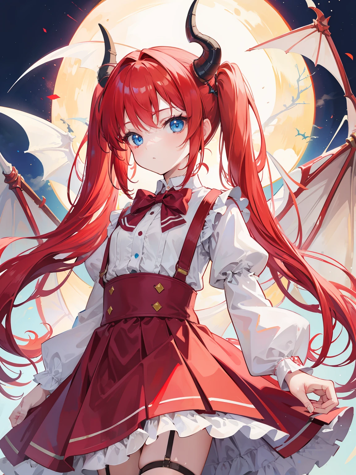 {{best quality}}, {{masterpiece}}, {{ultra-detailed}}, {illustration}, {detailed light}, red hair,blue eyes,twintails,ta,Suspenders skirt,Fantastic,lolio,Dragon horns,little gir
