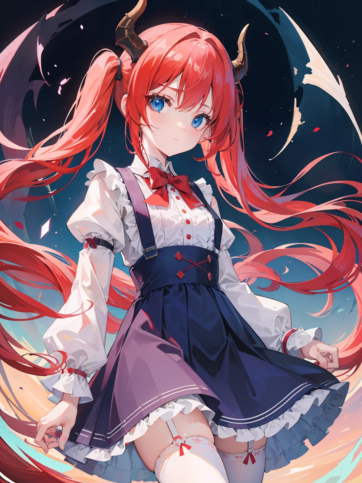 {{best quality}}, {{masterpiece}}, {{ultra-detailed}}, {illustration}, {detailed light}, red hair,blue eyes,twintails,lolita,Suspenders skirt,Fantastic,loli,solo,Dragon horns,little girl,long hair