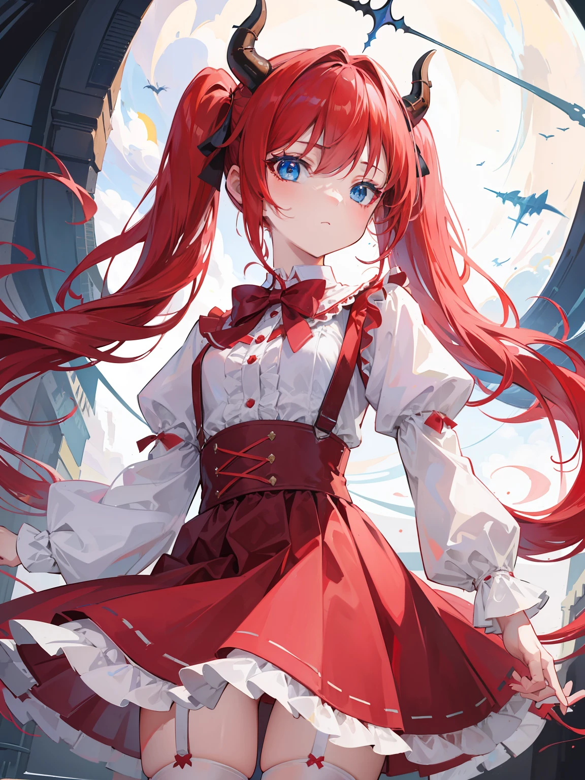 {{best quality}}, {{masterpiece}}, {{ultra-detailed}}, {illustration}, {detailed light}, red hair,blue eyes,twintails,ta,Suspenders skirt,Fantastic,lolio,Dragon horns,little gir