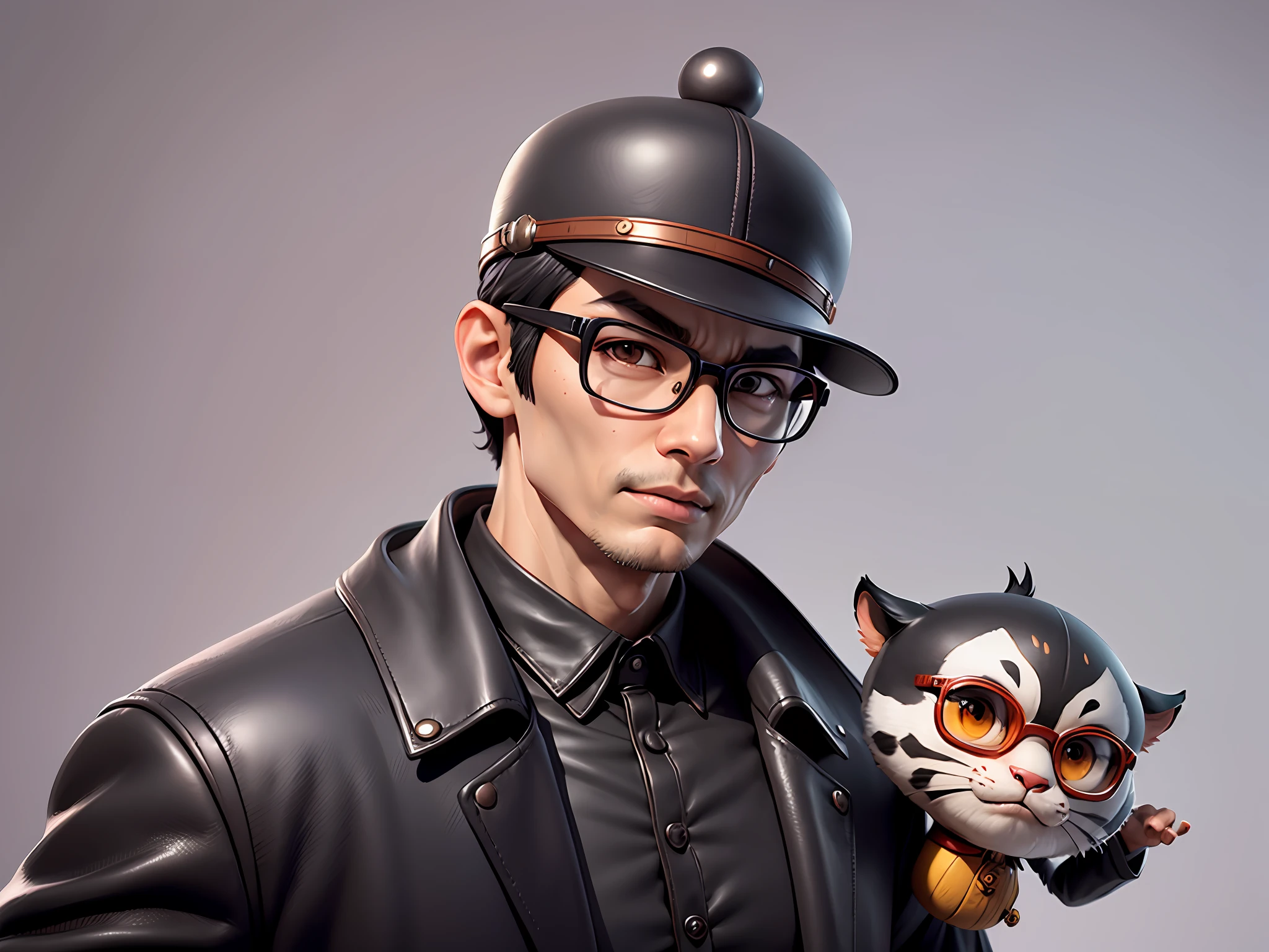 Young man with oriental face in leather hat, tiger, oriental face in formal suit, short black hair, silver glasses, digital painting, 3D character design by Mark Clairedon and Pixar and Hayao Miyazaki and Akira Toriyama, the illustration is a high-definition illustration in 4K resolution with very detailed facial features and cartoon-style visuals.