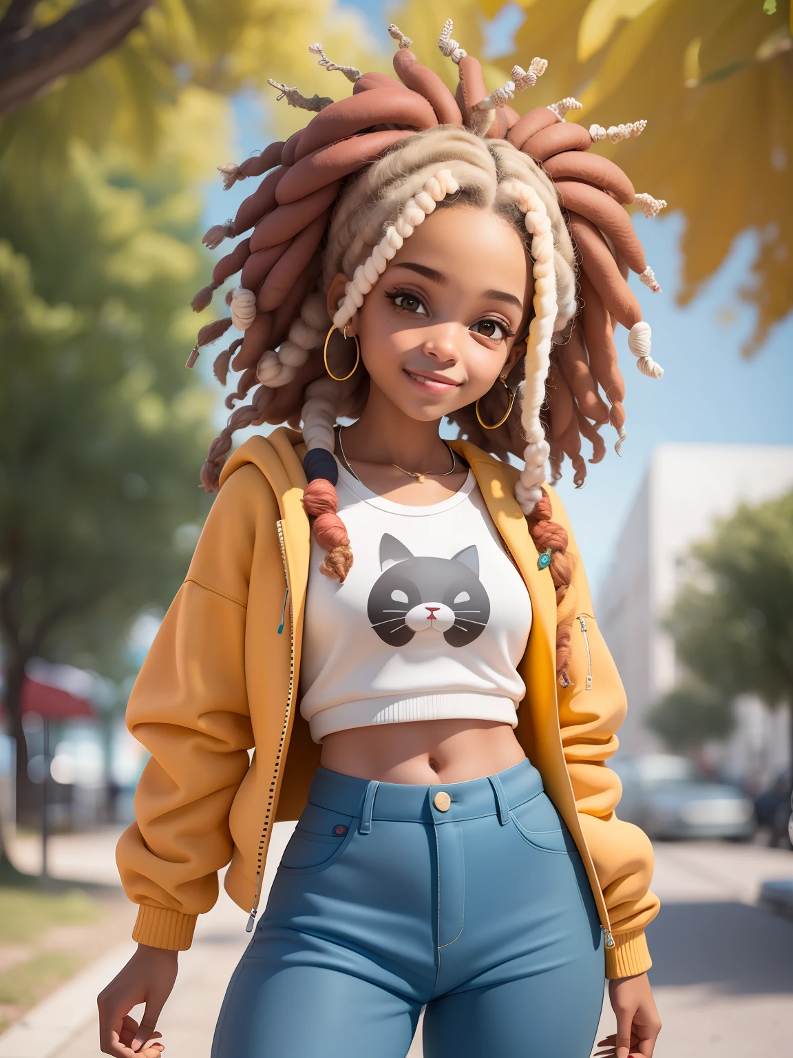 (obra-prima), (melhor qualidade), (ultra-detalhado), (corpo inteiro: 1.2) menina afro dread's presos, bonita e fofa, capuz, moletom, Knitted jumpsuits, Pants, jaqueta, blusa, sorriso claro, corpo inteiro, :3, fundo tom pastel , colorido e simples.