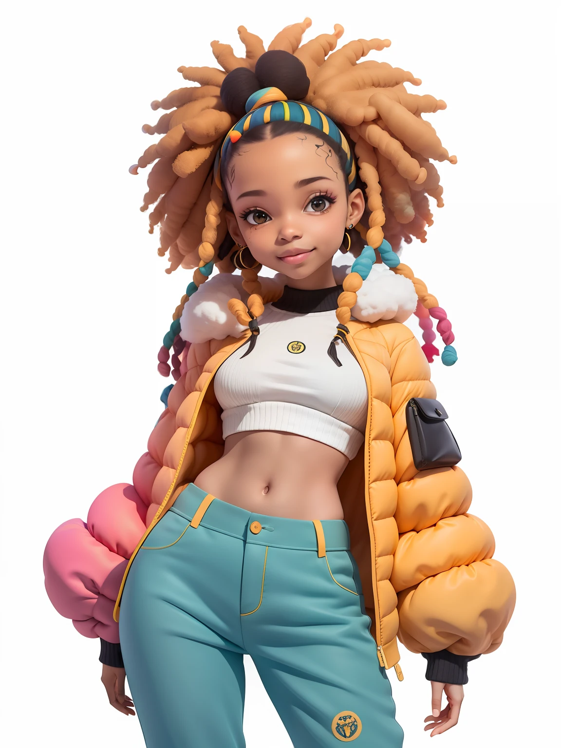 (obra-prima), (melhor qualidade), (ultra-detalhado), (corpo inteiro: 1.2) afro dread's presos, bonita e fofa, capuz, moletom, Knitted jumpsuits, Pants, jaqueta, blusa, sorriso claro, corpo inteiro, :3, fundo tom pastel , colorido e simples.