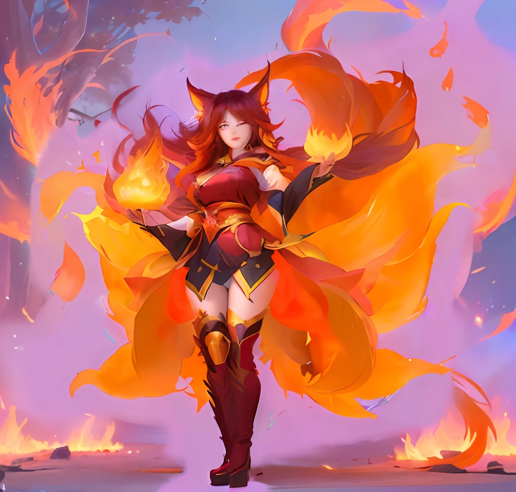 Woman with fire in her hands、ahri、fire、Full body, she has fire powers, appears as the fire goddess, Nine-Tails of Fire、goddess of fire, ahri from league of legends, portrait of ahri, league of legends style art, goddess of fire