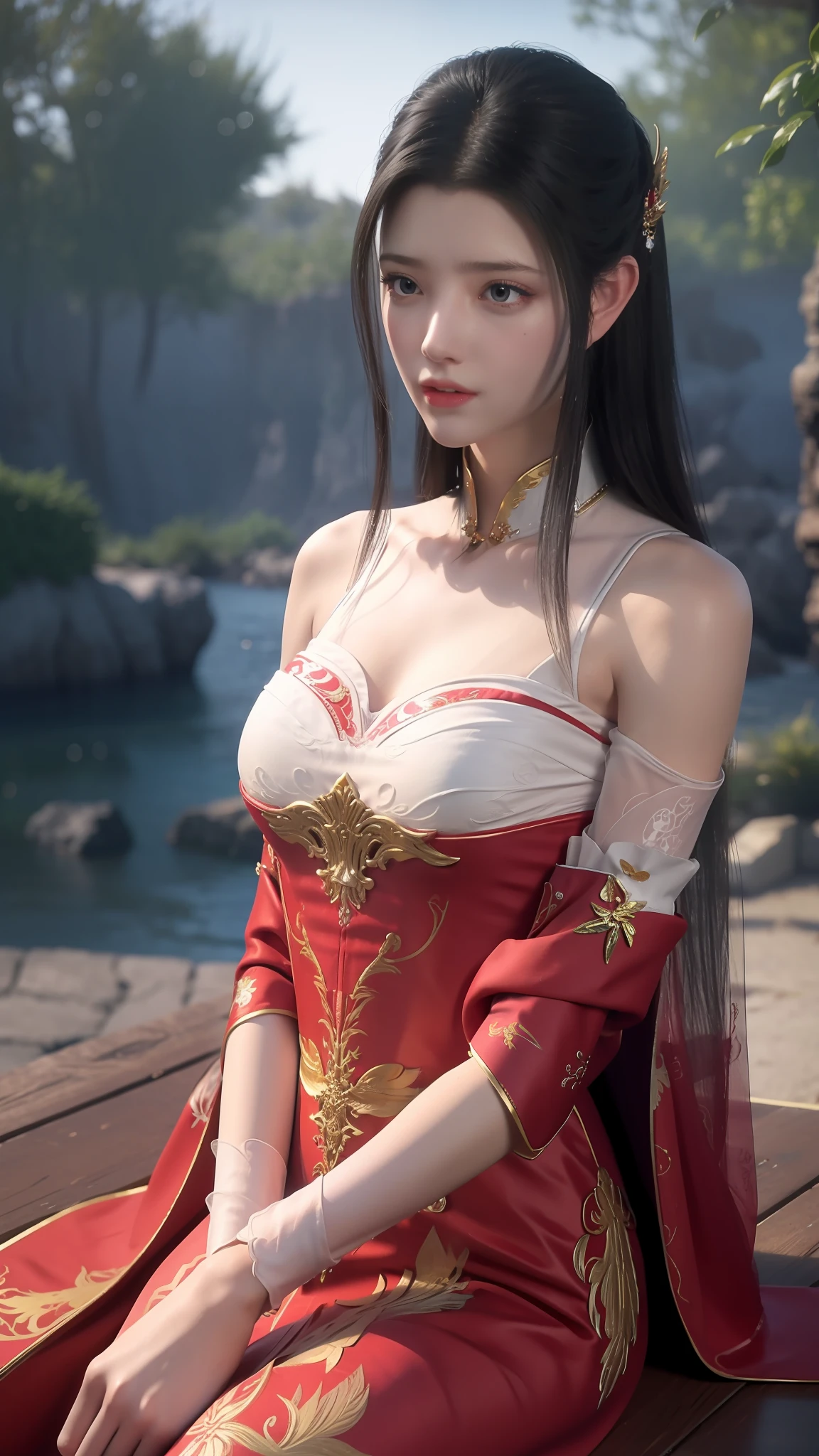 The Araved woman in a red dress sits on a red bench by the water, a photorealistic painting inspired by Magali Villeneuve, cgsociety contest winner, Fantasy art, wearing gilded red robes, lady in red armor, wearing gilded red royal robes, Gorgeous Role Play, scarlet witch costume, wearing red sorcerer's robes, Red robe, aly fell and artgerm