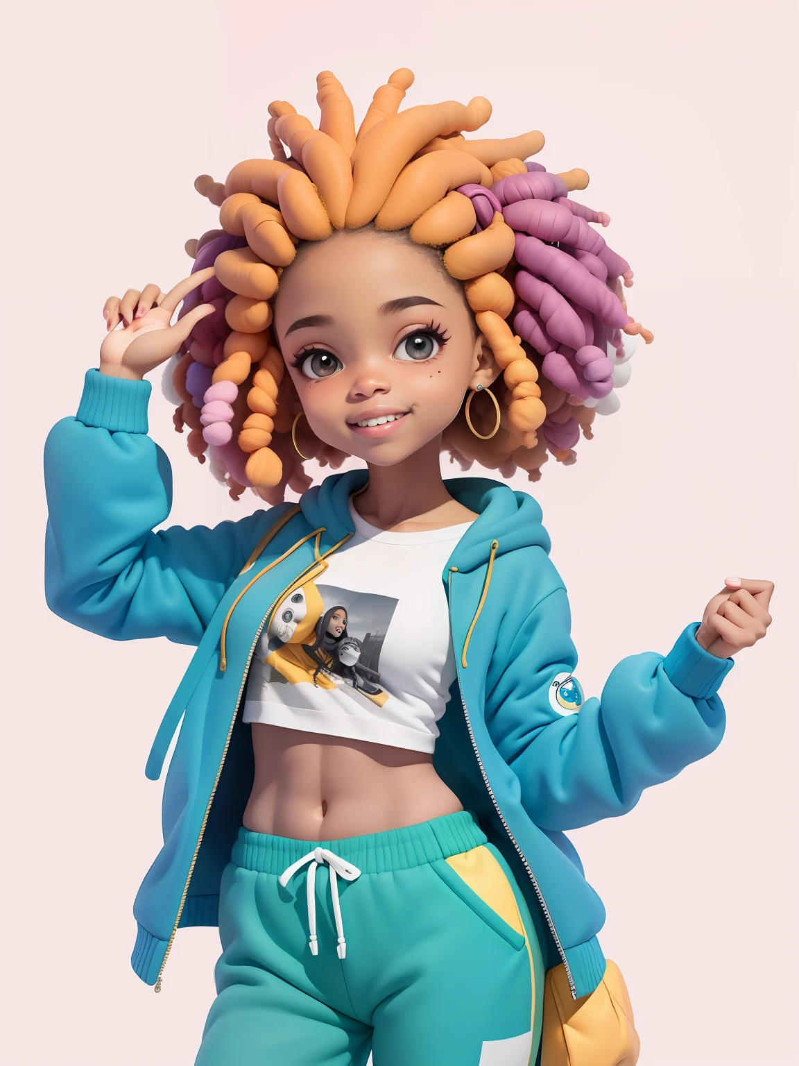 (obra-prima), (melhor qualidade), (ultra-detalhado), (corpo inteiro: 1.2) menina afro dread's presos, bonita e fofa, capuz, moletom preto, Knitted jumpsuits, Pants, jaqueta, blusa, sorriso claro, corpo inteiro, :3, fundo tom pastel , colorido e simples.