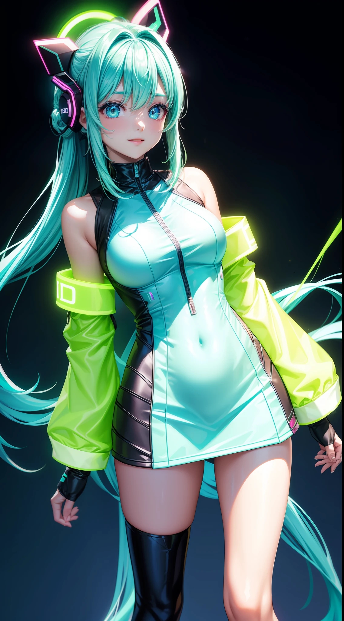 a smile、((top-quality)), ((​masterpiece)), (detaileds:1.4), 3D, nffsw(HighDynamicRange),光线追踪,NVIDIA RTX,Hyper-Resolution,Unreal 5,ultra-detailliert、Neon glows、kosmos、All neon lights are glowing、Confident Face、8K images、 Women's attire and hairstyles are as follows:、It also incorporates neon colors.。Design neon glowing dresses and jackets online、Clothes shine online、Dye your hair in neon colors.。 Background Effects: • Add glowing neon light effects around women。By drawing a pattern of neon lights that illuminate her outline and behind her、Express her to blend in with the background。 Female brilliance: • Neon lights also affect women's skin and clothing。Her body and clothes are、Fantastic light with neon glow.。Neon Art、Neon Highlights、neon lines、Neon light、Neon afterimages、Neon light、The neon light shines so brightly