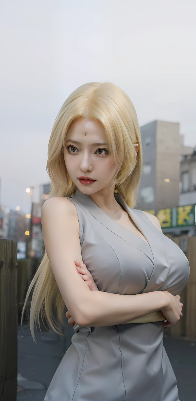 1girl, tsunade, yellow hair, long hair, yellow eyes, very big breasts, grey clothes, realistic, ultra detail, outdoor background