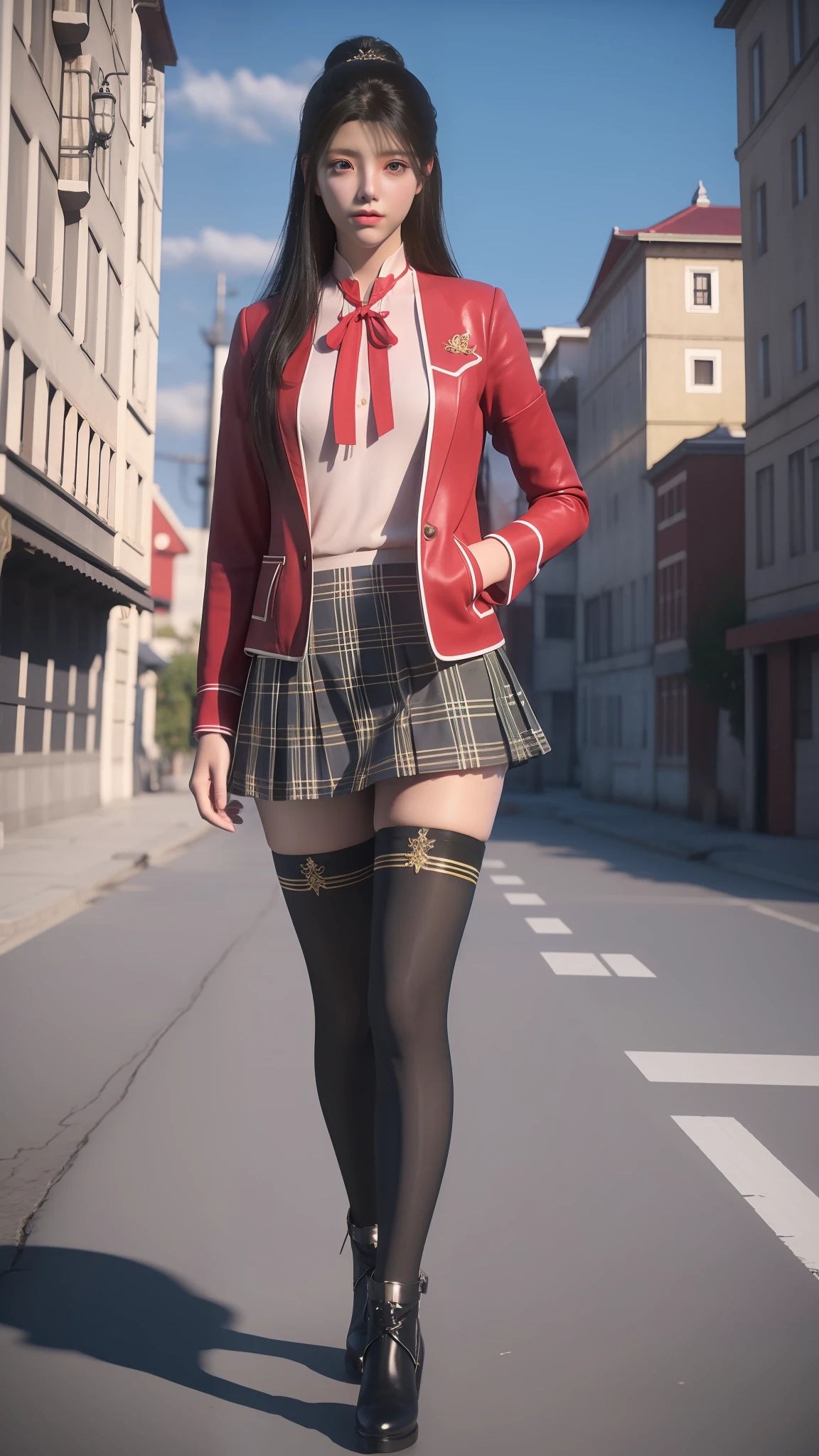 there is a woman in a skirt and a jacket posing for a picture, Surrealism female students, Surrealism female students, Realistic schoolgirl, thighhighs and skirt, photorealistic anime girl rendering, 3 d anime realistic, Smooth anime CG art, photorealistic full body, Photorealistic anime, Realistic anime 3 D style, photorealistic perfect body, wearing skirt and high socks