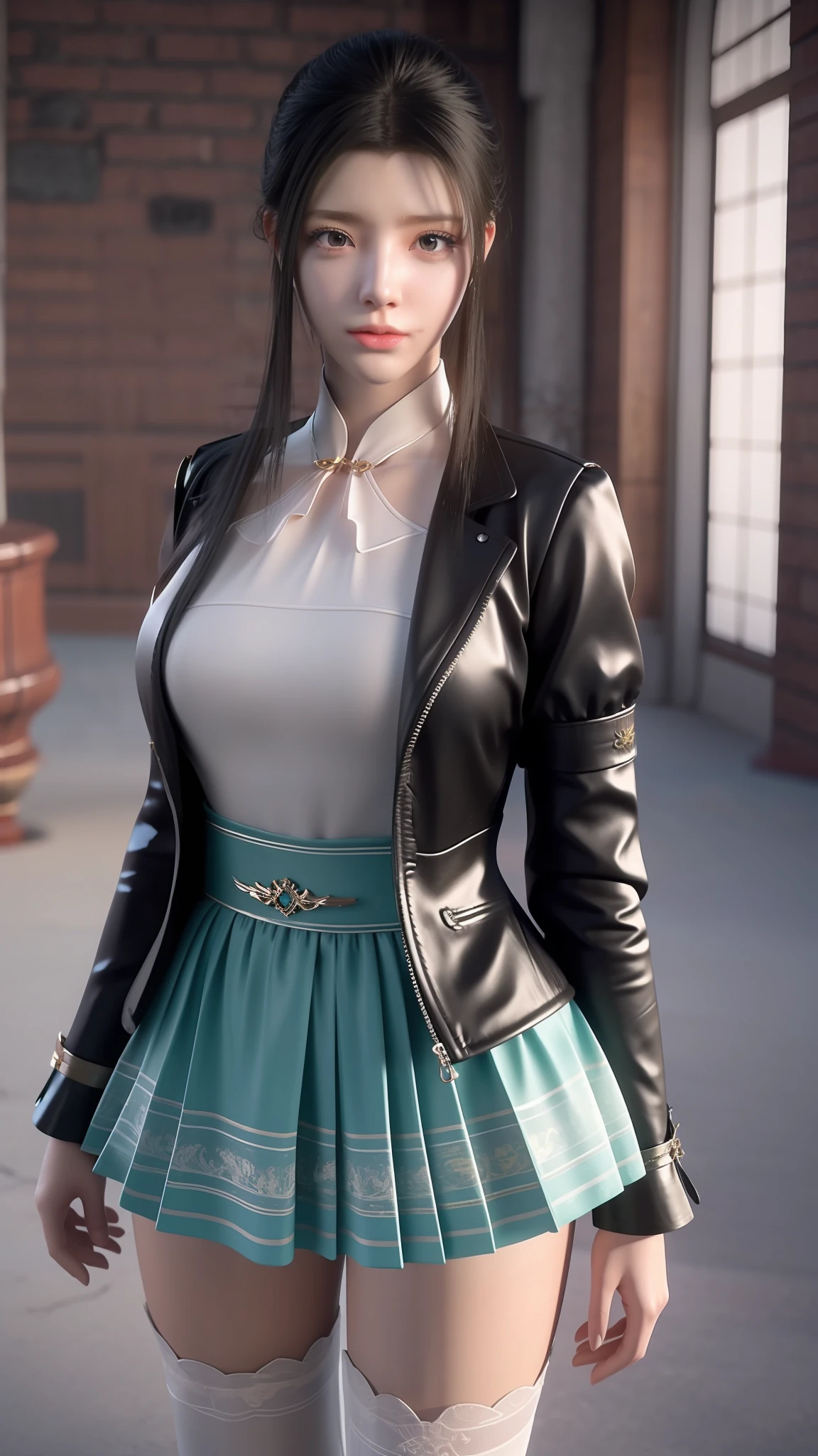 there is a woman in a skirt and a jacket posing for a picture, Surrealism female students, Surrealism female students, Realistic schoolgirl, thighhighs and skirt, photorealistic anime girl rendering, 3 d anime realistic, Smooth anime CG art, photorealistic full body, Photorealistic anime, Realistic anime 3 D style, photorealistic perfect body, wearing skirt and high socks