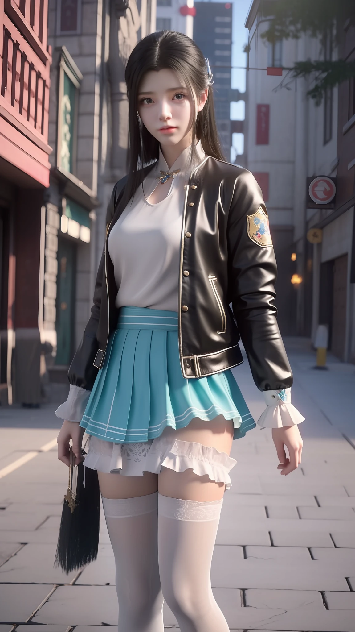 there is a woman in a skirt and a jacket posing for a picture, Surrealism female students, Surrealism female students, Realistic schoolgirl, thighhighs and skirt, photorealistic anime girl rendering, 3 d anime realistic, Smooth anime CG art, photorealistic full body, Photorealistic anime, Realistic anime 3 D style, photorealistic perfect body, wearing skirt and high socks