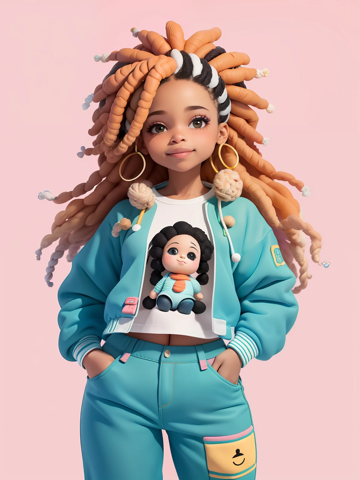 (obra-prima), (melhor qualidade), (ultra-detalhado), (corpo inteiro: 1.2) afro dread's presos, bonita e fofa, capuz, moletom preto, Knitted jumpsuits, Pants, jaqueta, blusa, sorriso claro, corpo inteiro, :3, fundo tom pastel , colorido e simples.