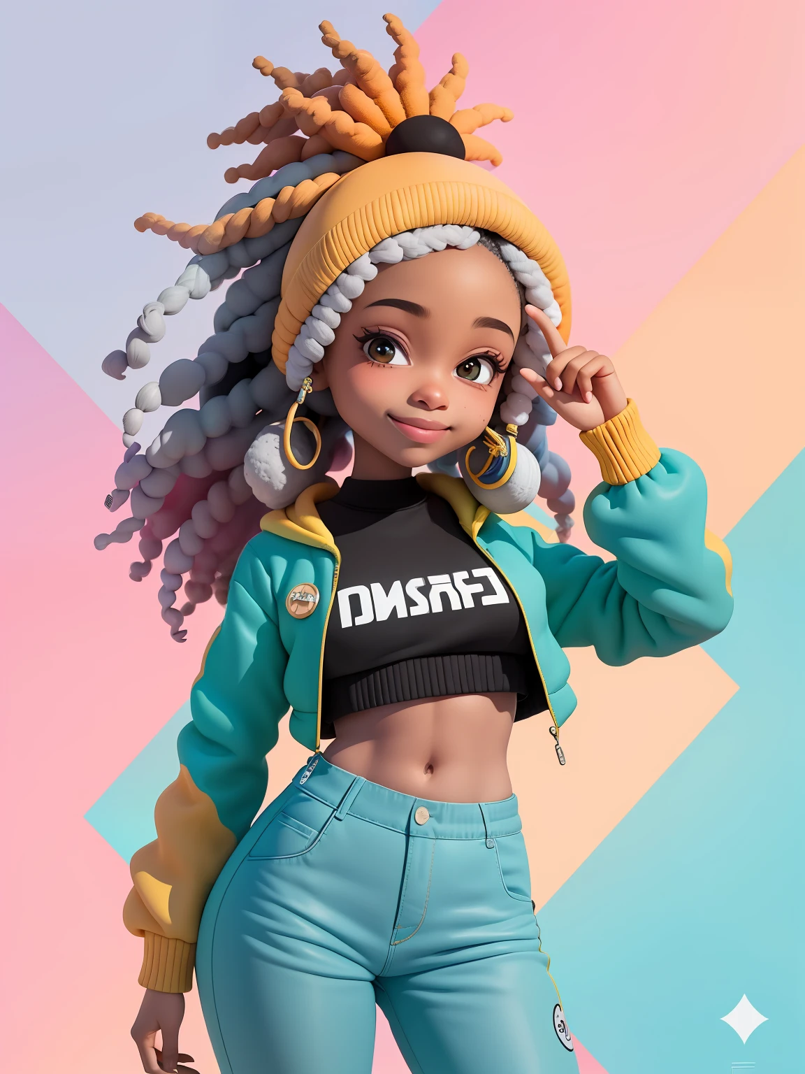(obra-prima), (melhor qualidade), (ultra-detalhado), (corpo inteiro: 1.2) menina afro dread's presos, bonita e fofa, capuz, moletom preto, Knitted jumpsuits, Pants, jaqueta, blusa, sorriso claro, corpo inteiro, :3, fundo tom pastel , colorido e simples.