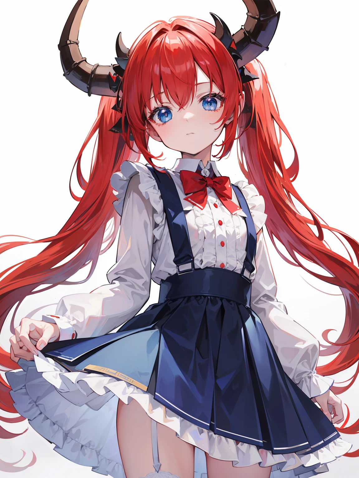 {{best quality}}, {{masterpiece}}, {{ultra-detailed}}, {illustration}, {detailed light}, red hair,blue eyes,twintails,lolita,Suspenders skirt,Fantastic,loli,solo,Dragon horns,little girl,long hair