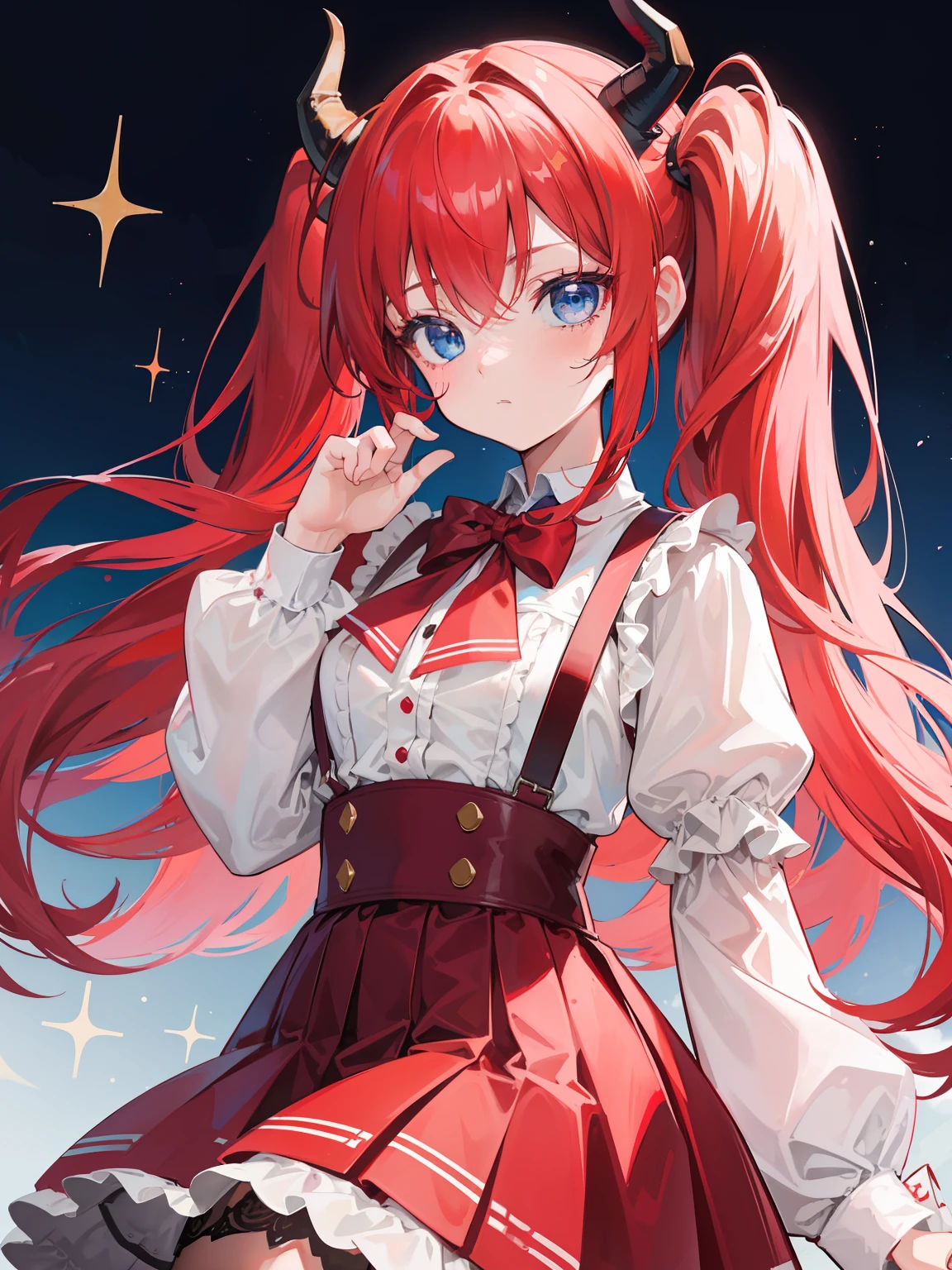 {{best quality}}, {{masterpiece}}, {{ultra-detailed}}, {illustration}, {detailed light}, red hair,blue eyes,twintails,lolita,Suspenders skirt,Fantastic,loli,solo,Dragon horns,little girl,long hair