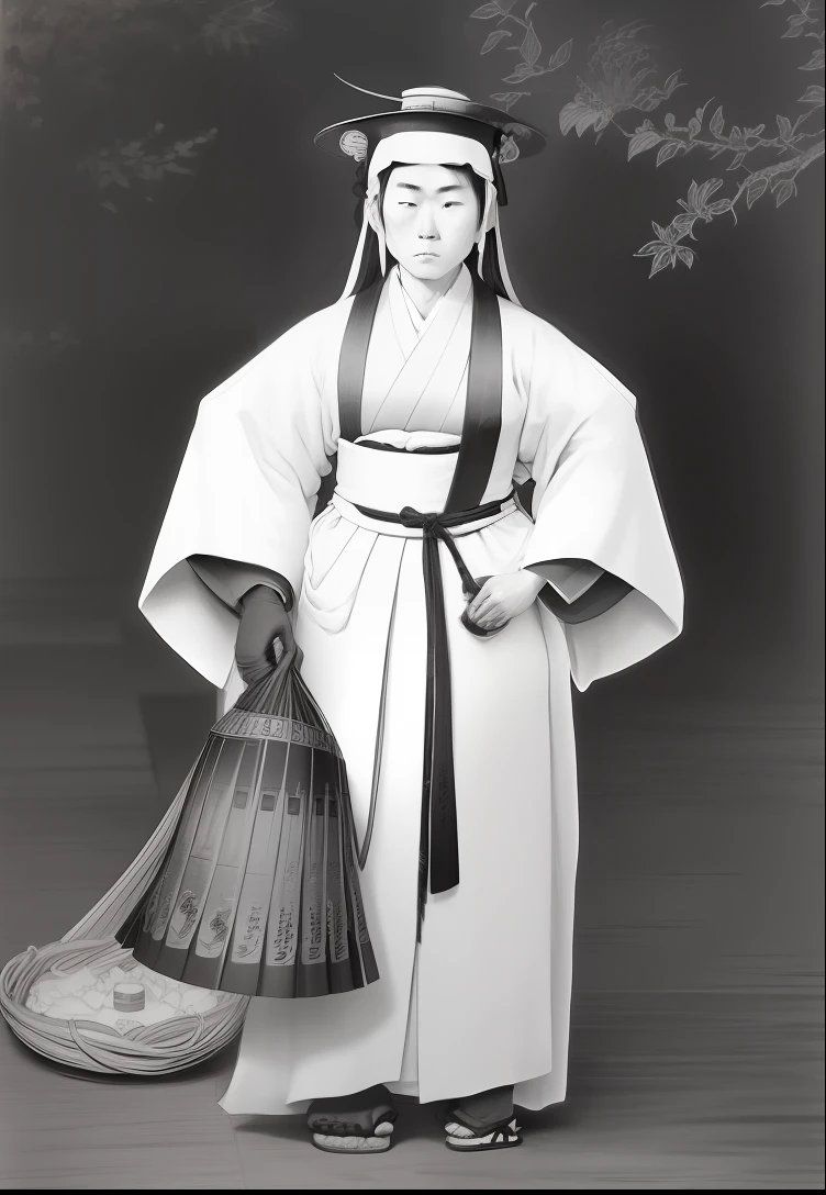 Old black and white photo of a woman in a white robe and hat, ancient japanese monk, late meiji period, clothed in old samurai uniform, hoshino yukinobu, katsura masakazu, Daigo Ikeno, ozabu, shikanosuke yagaki, Yamamoto, katsura masakazu, edo period、Early life