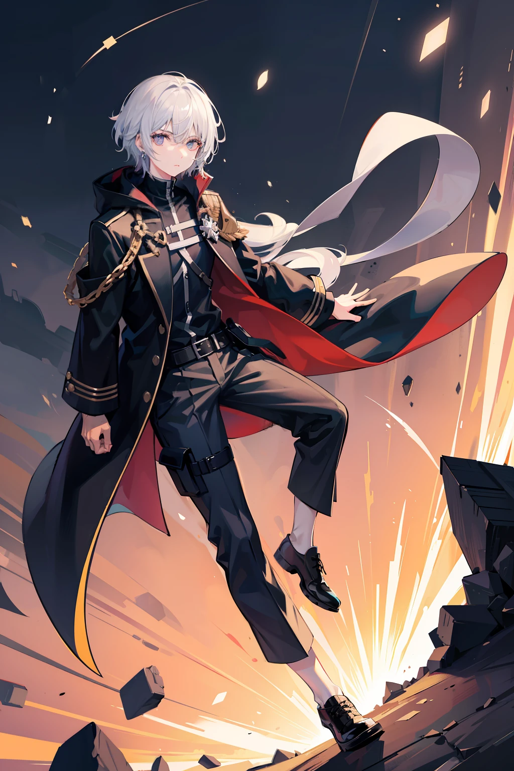 Full body like,White-colored skin,White-colored skin,combat scene,whaite hair,Black pupils,Pure black eyes,Silver-toned stud earrings,shoun,crosses,bandagens,There are bandages on the hands,short detailed hair,Handsome, boy,Highest image quality,the night,the night,warn,male people,hooding,cargo pants,Martin boots,Black pick dye,Long sword,crosses,crosses,nighttime scene,Black cargo pants,Black pantsuit,Streamers,wind coat