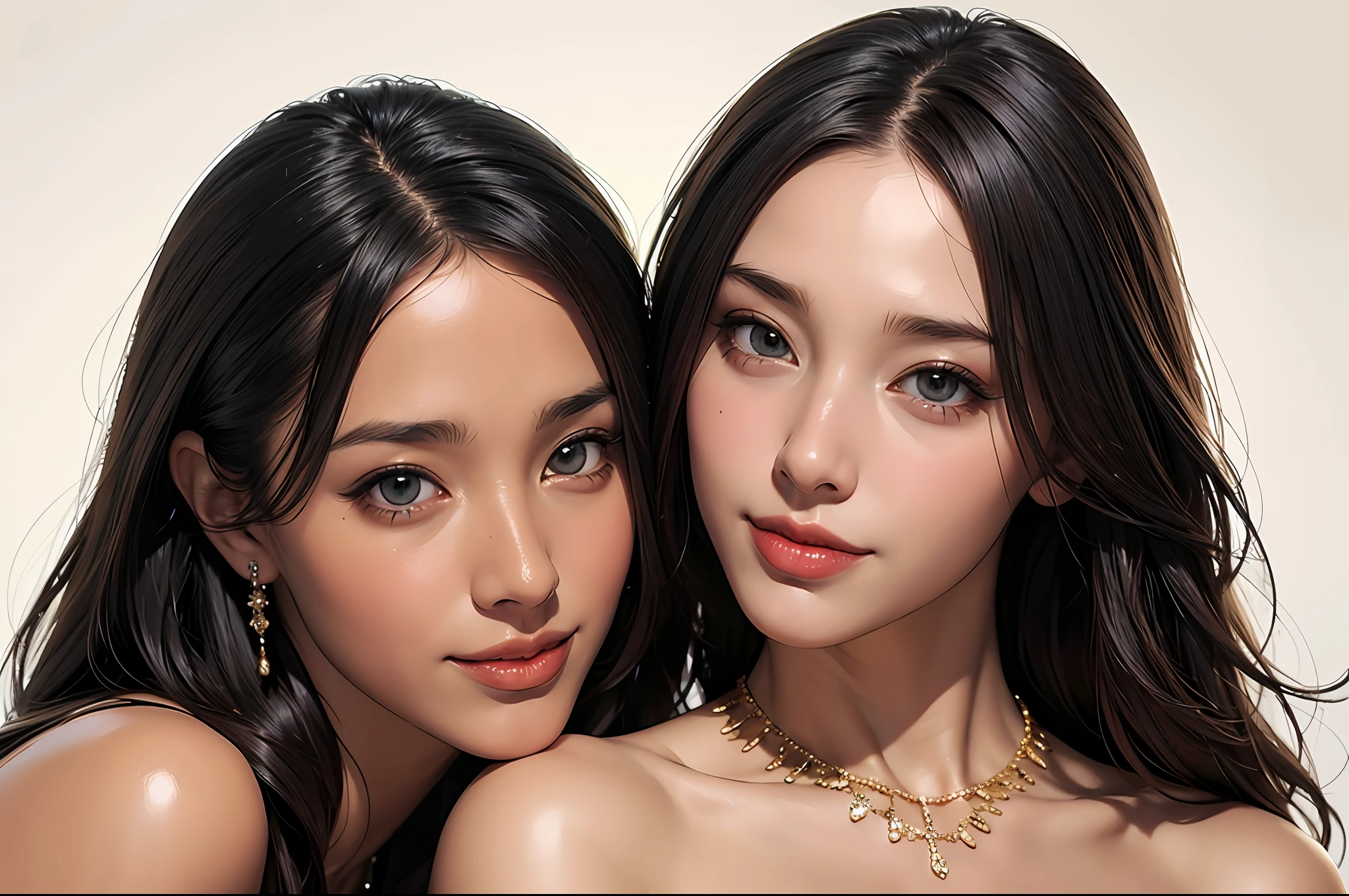 2 women aligned, smile, jewel, gorgeous, splendid, luxurious, (golden), goddess, motherhood, queen, drill hair, (forehead), saints, mature women, embroidery, cape, white dress, gleaming skin, detailed pupils, perfect eyes, perfect face, (((face focus))), Simple Background, masterpiece, official, best quality, high resolution, all intricate,