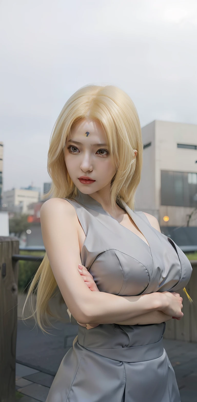 1girl, tsunade, yellow hair, long hair, yellow eyes, very big breasts, grey clothes, realistic, ultra detail, outdoor background