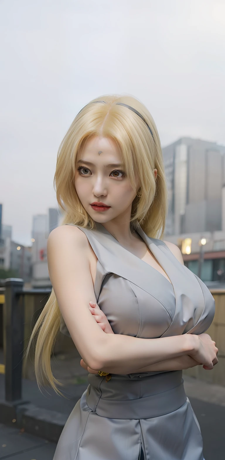 1girl, tsunade, yellow hair, long hair, yellow eyes, very ???????????, grey clothes, realistic, ultra detail, outdoor background
